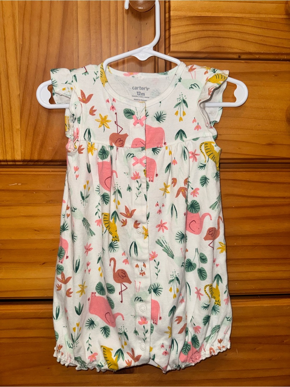 Carter's Cream Romper with Pink Flamingo & Yellow Tiger Print